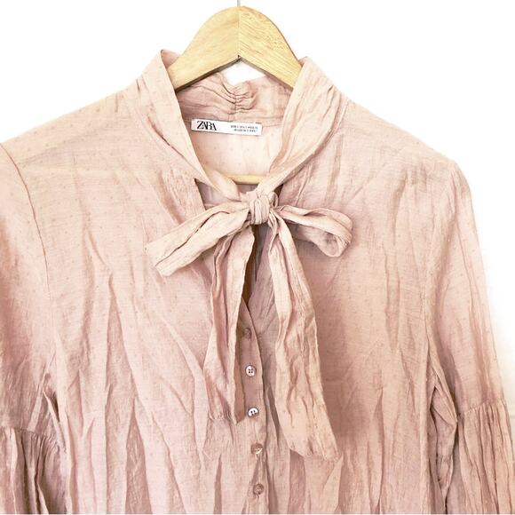 Zara Swiss Dot Tie Front Pink Blouse Women’s Small Cottagecore Sheer Romantic - Picture 3 of 15